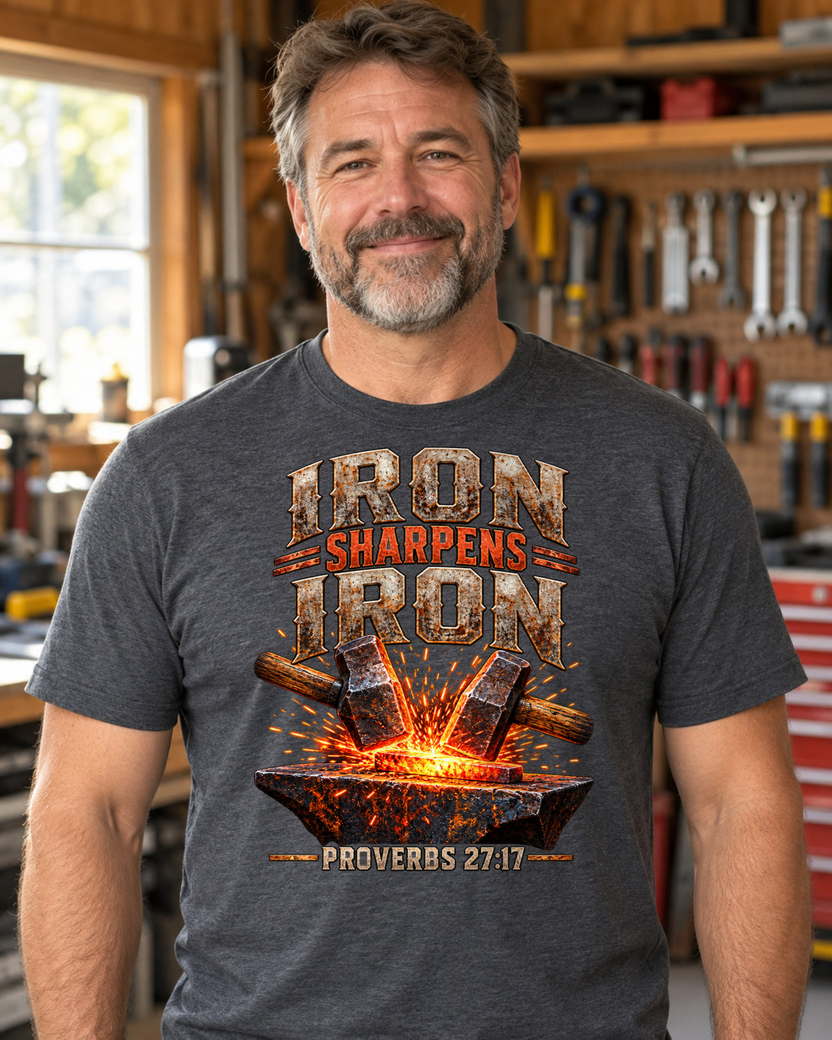 Iron Sharpens Iron Christian T-Shirt | Proverbs 27:17 Hammer and Anvil Graphic