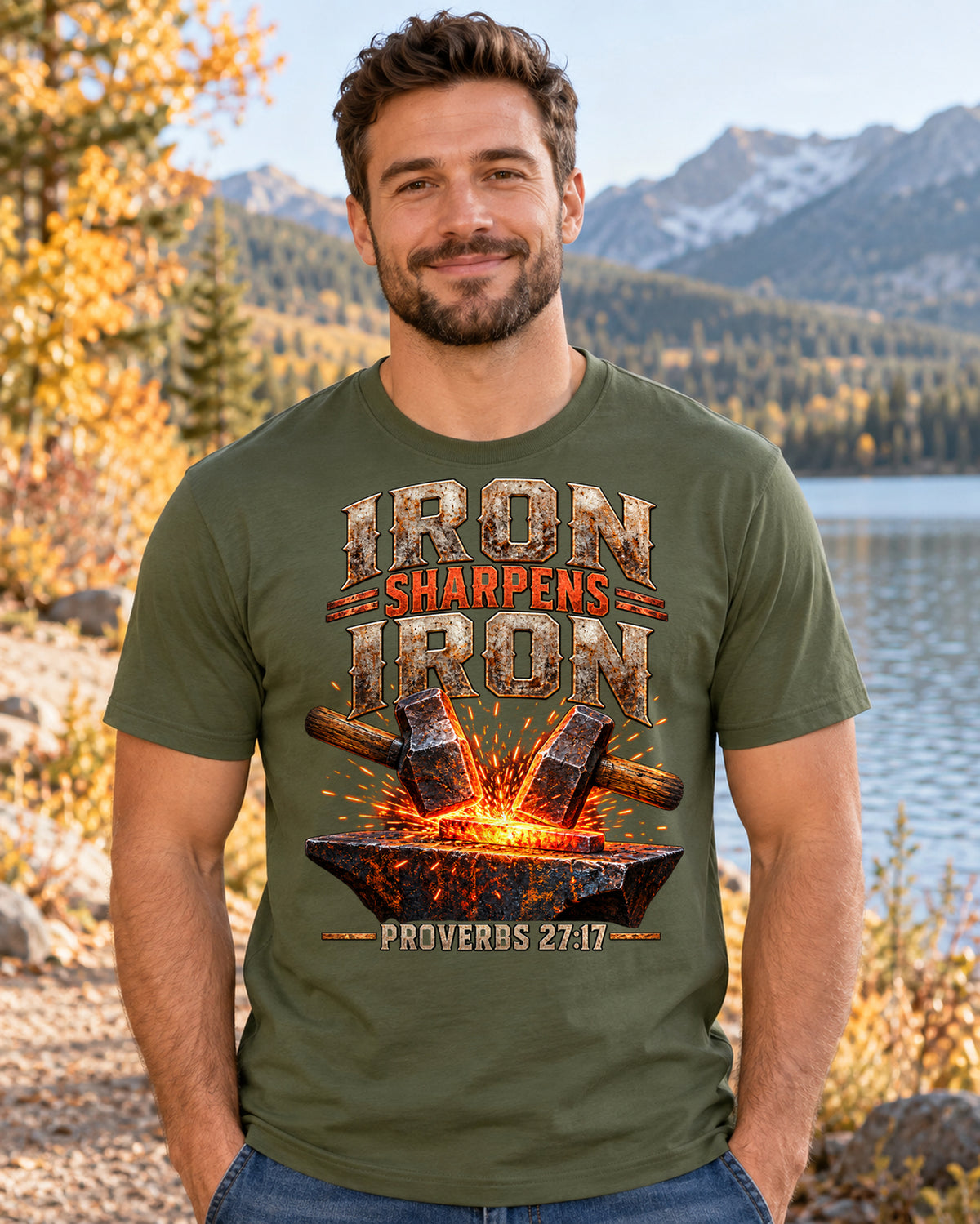 Iron Sharpens Iron Christian T-Shirt | Proverbs 27:17 Hammer and Anvil Graphic