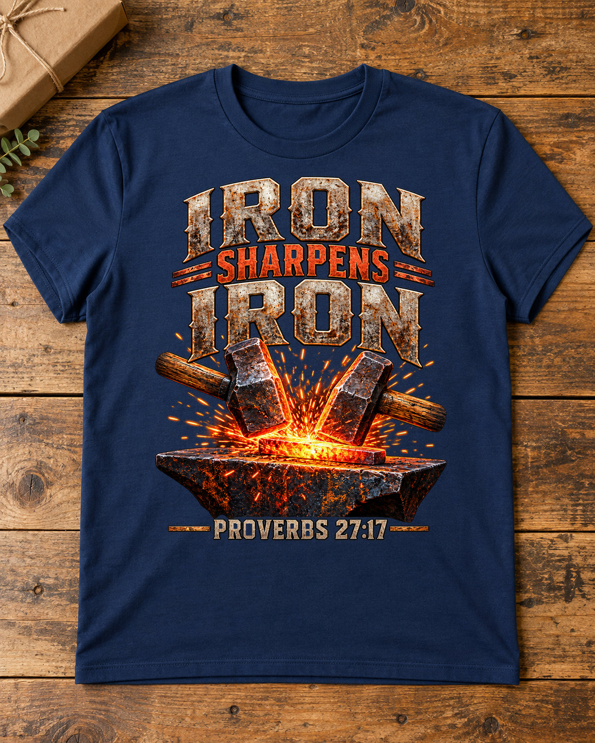 Iron Sharpens Iron Christian T-Shirt | Proverbs 27:17 Hammer and Anvil Graphic
