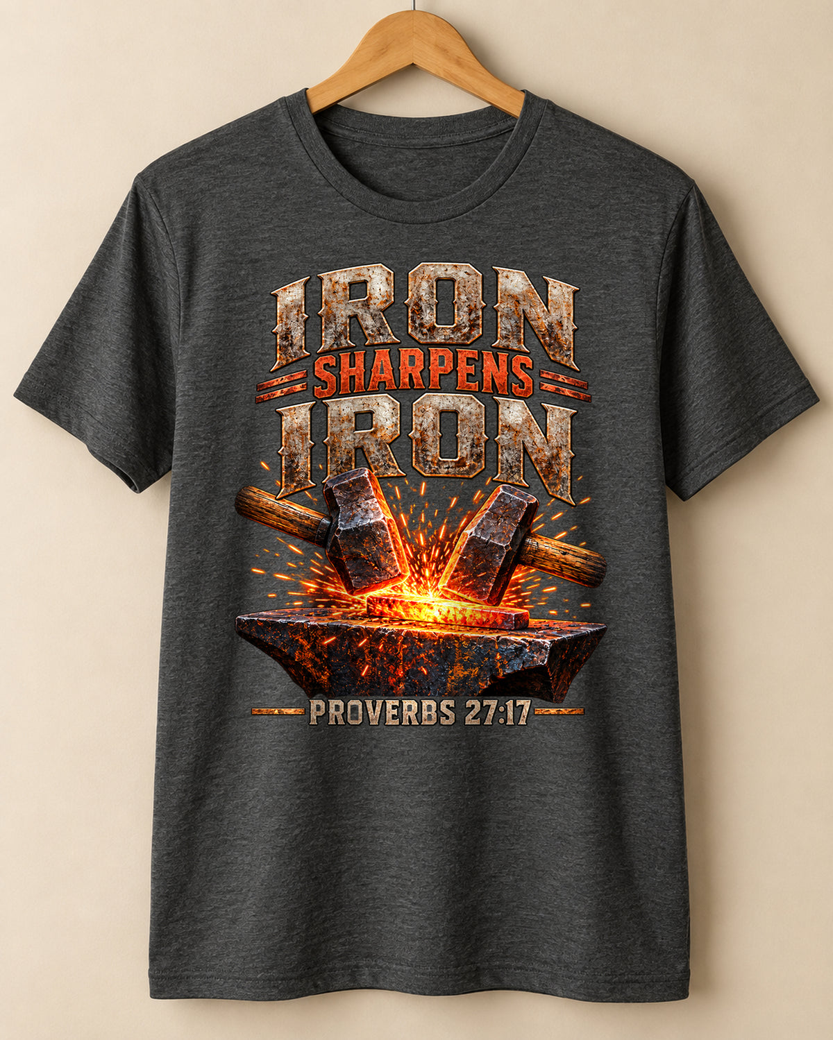 Iron Sharpens Iron Christian T-Shirt | Proverbs 27:17 Hammer and Anvil Graphic