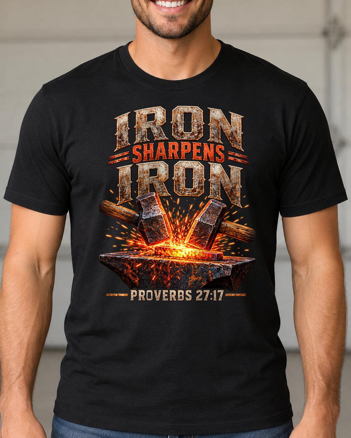 Iron Sharpens Iron Christian T-Shirt | Proverbs 27:17 Hammer and Anvil Graphic