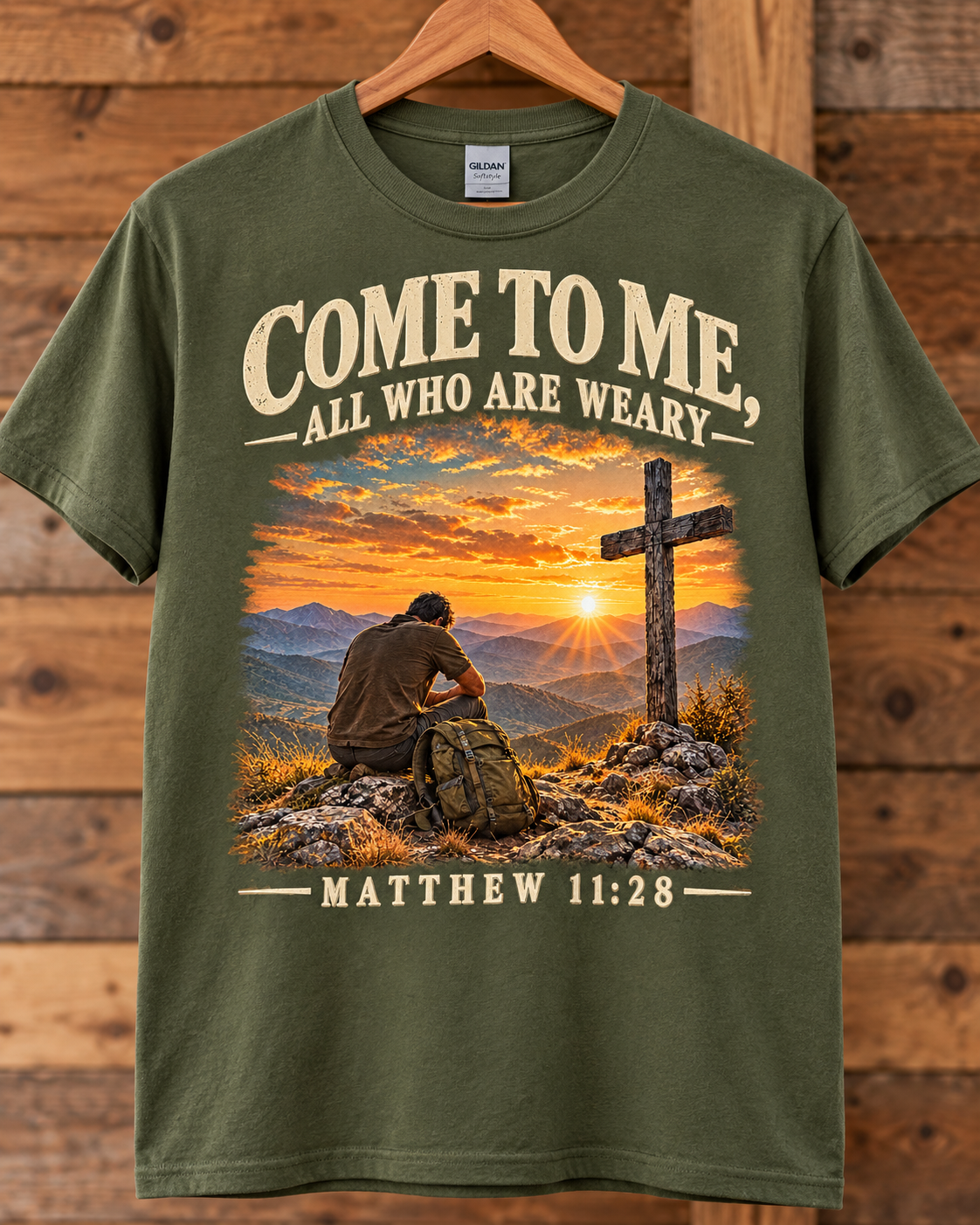 Come to Me Christian T-Shirt | Matthew 11:28 Mountain Cross and Hiker Graphic