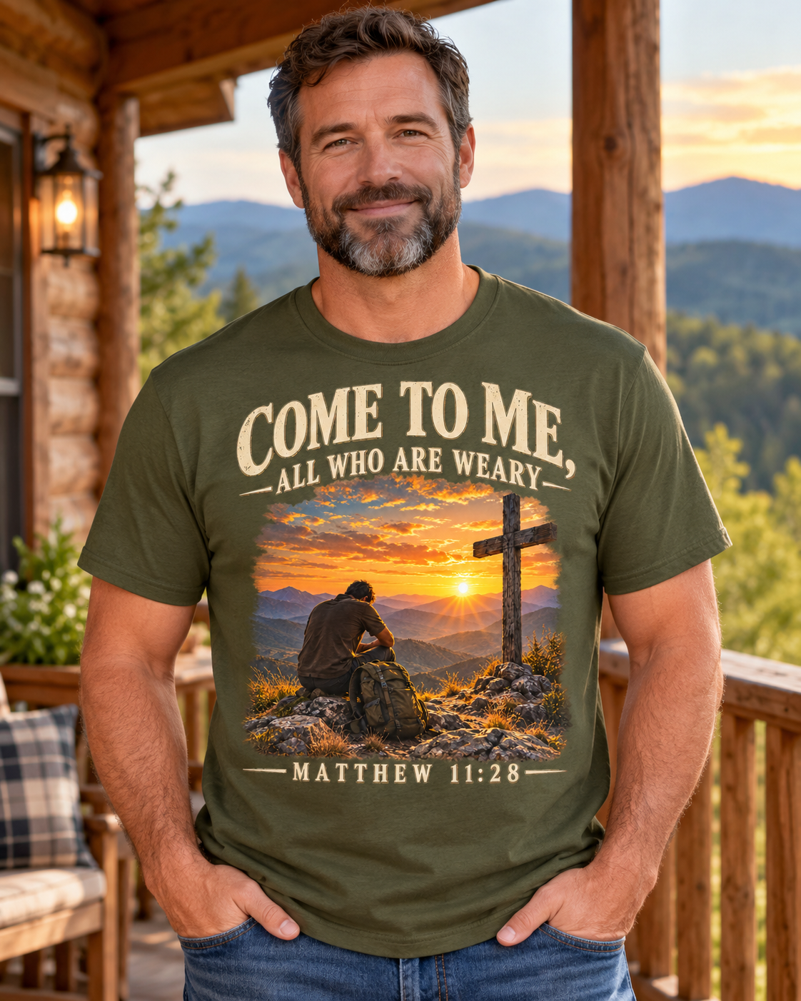 Come to Me Christian T-Shirt | Matthew 11:28 Mountain Cross and Hiker Graphic