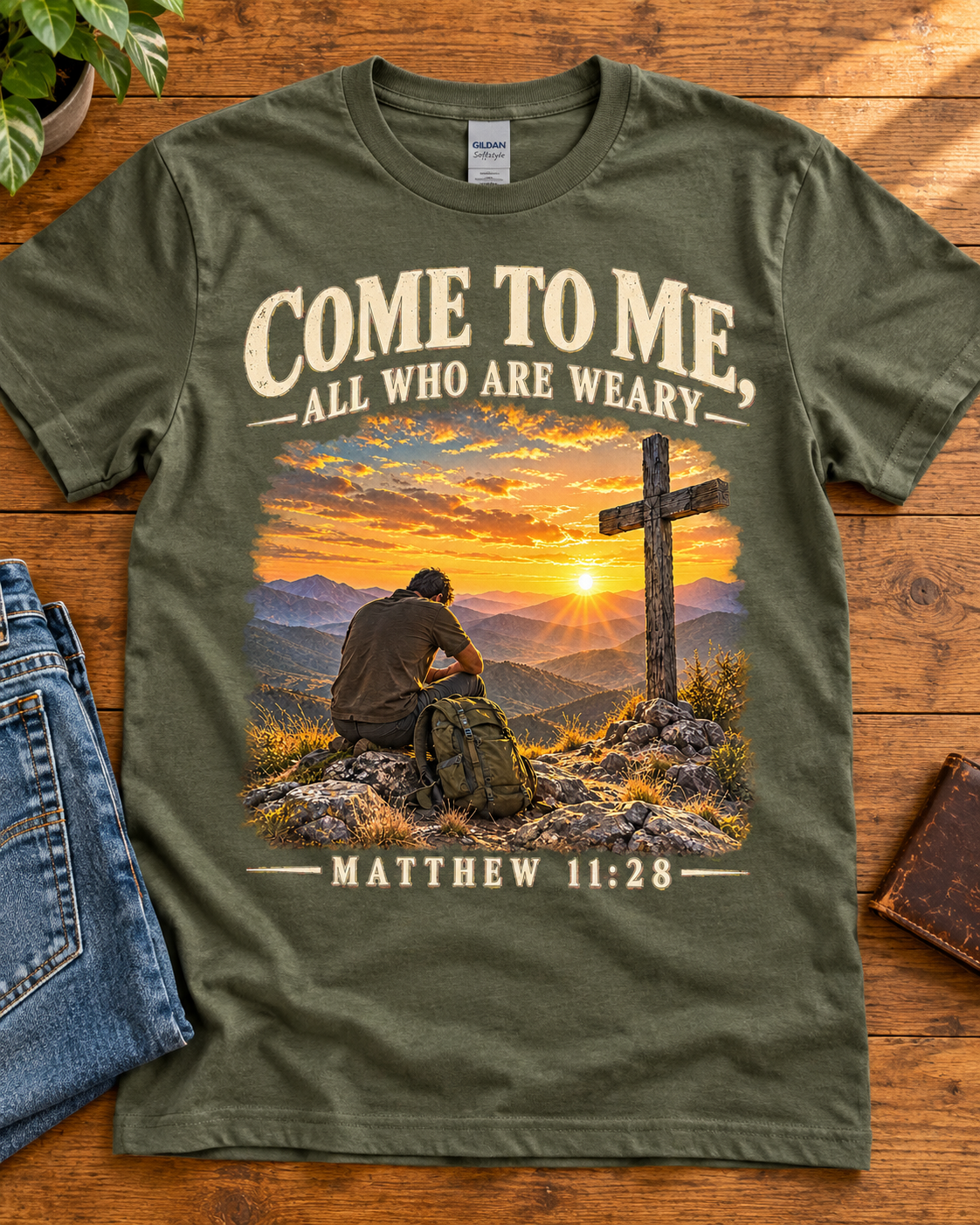 Come to Me Christian T-Shirt | Matthew 11:28 Mountain Cross and Hiker Graphic