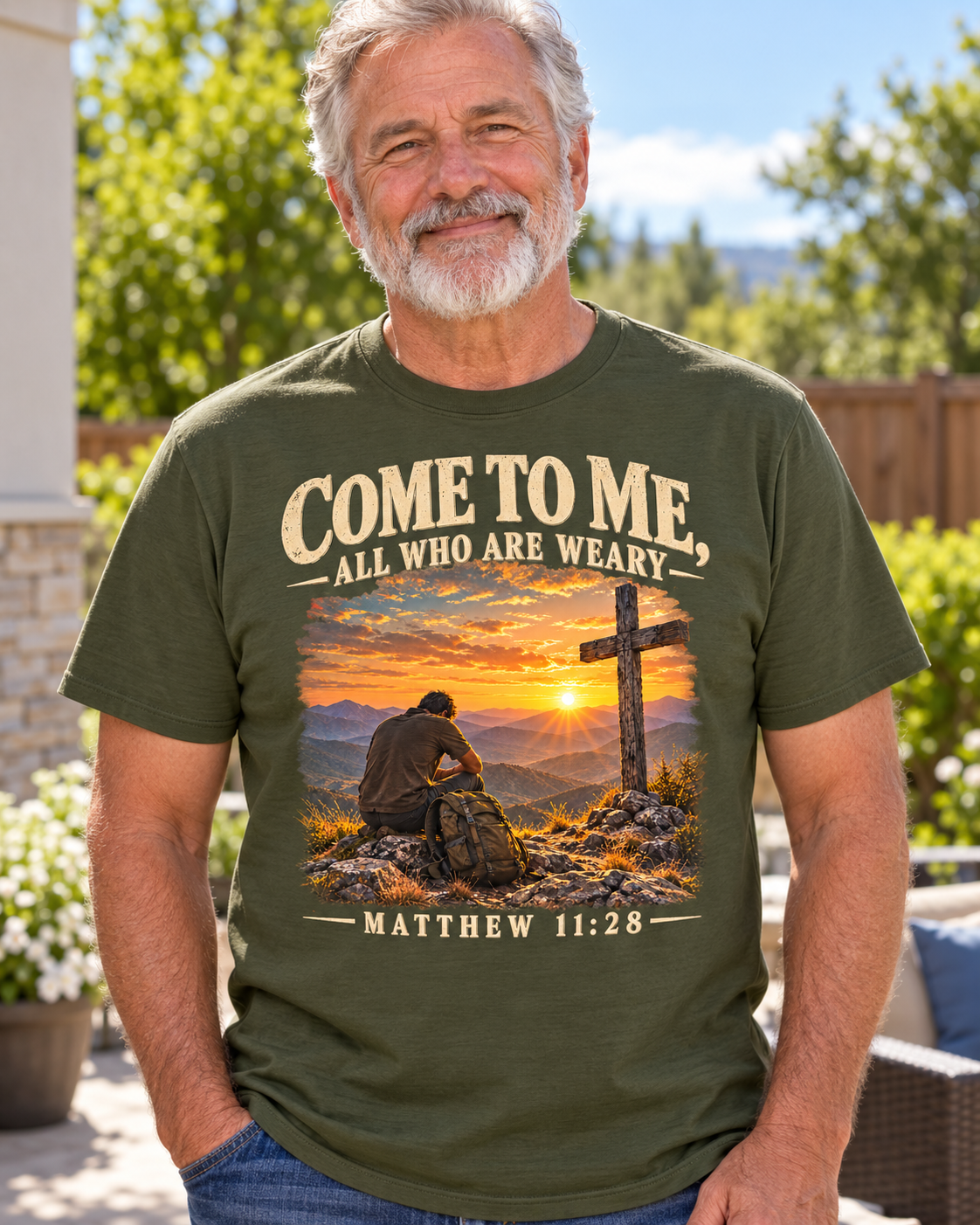 Come to Me Christian T-Shirt | Matthew 11:28 Mountain Cross and Hiker Graphic