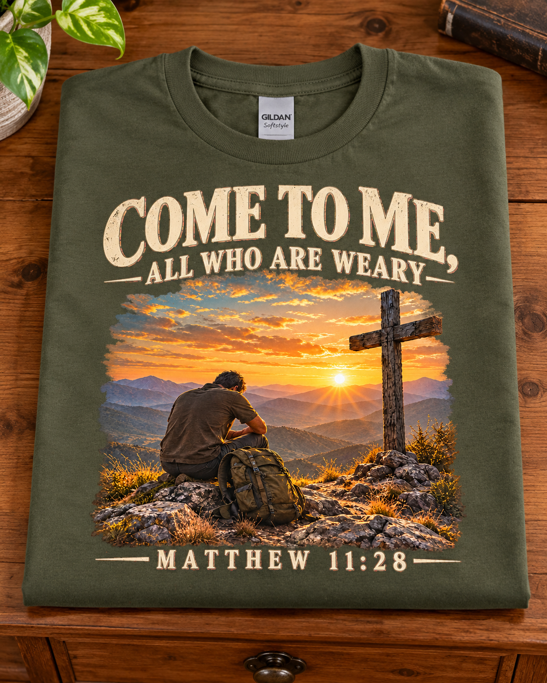 Come to Me Christian T-Shirt | Matthew 11:28 Mountain Cross and Hiker Graphic