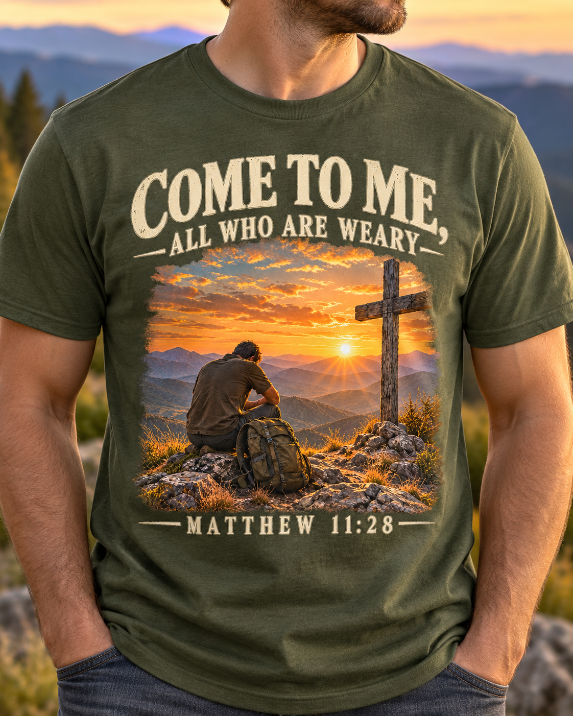 Come to Me Christian T-Shirt | Matthew 11:28 Mountain Cross and Hiker Graphic