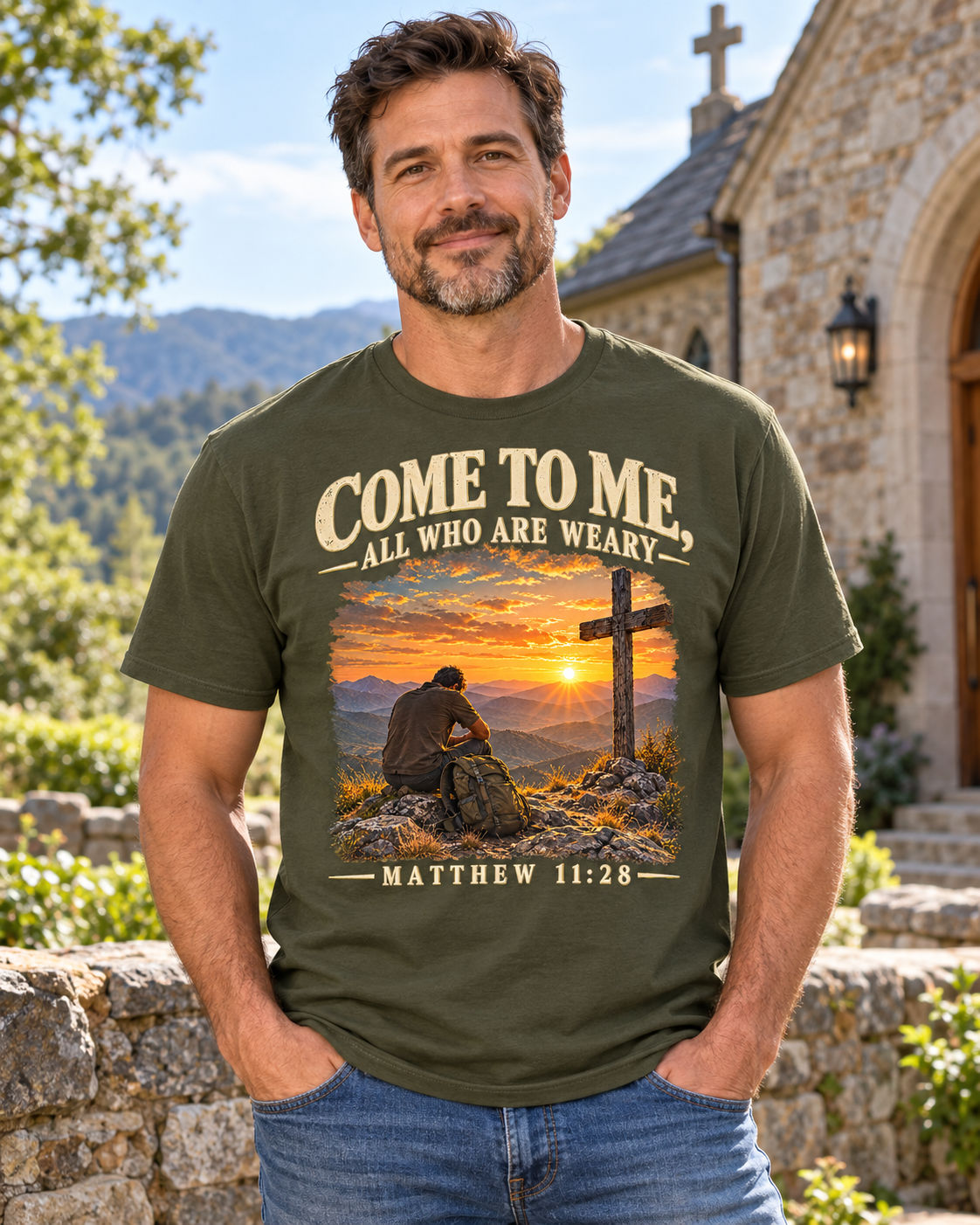 Come to Me Christian T-Shirt | Matthew 11:28 Mountain Cross and Hiker Graphic