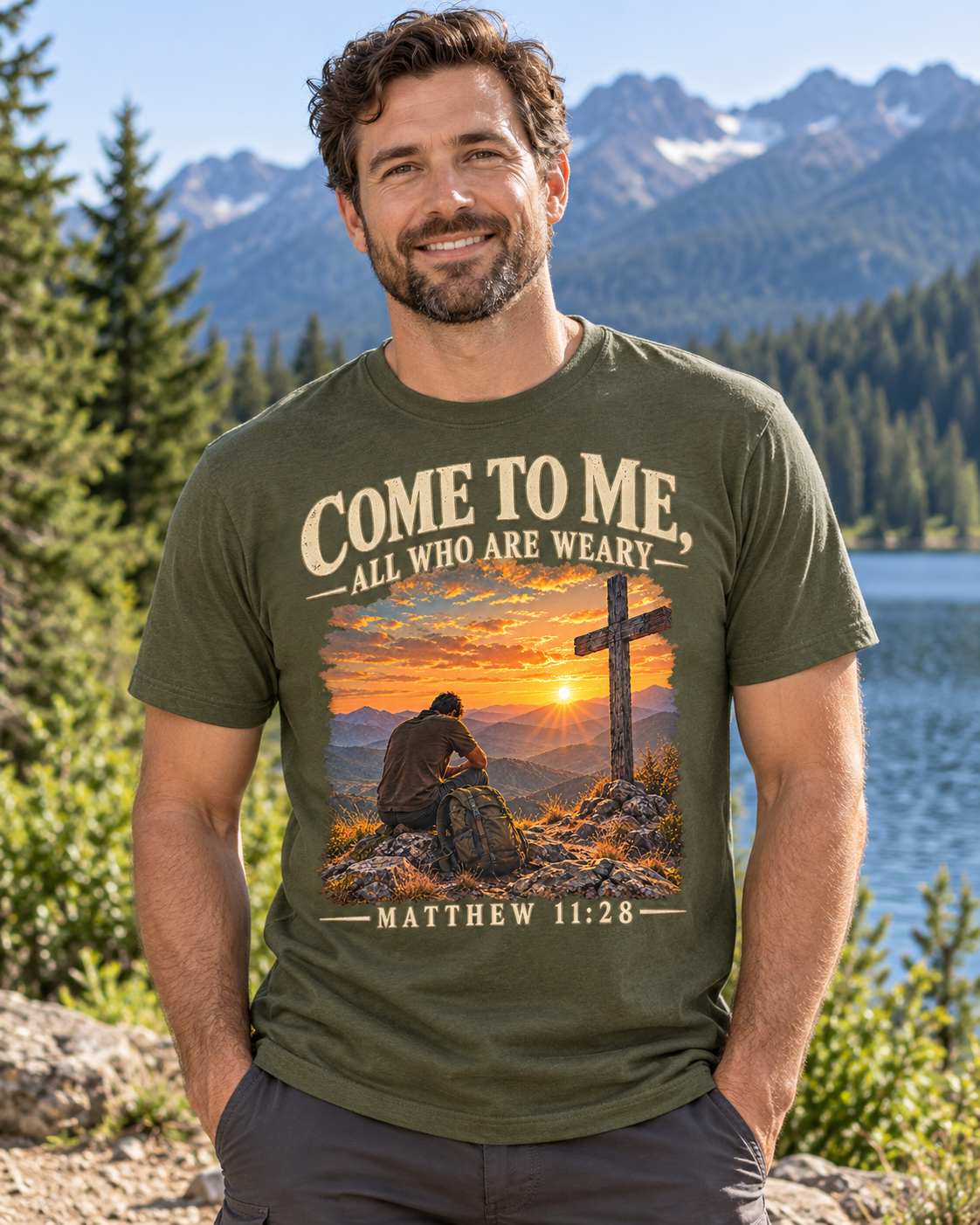 Come to Me Christian T-Shirt | Matthew 11:28 Mountain Cross and Hiker Graphic