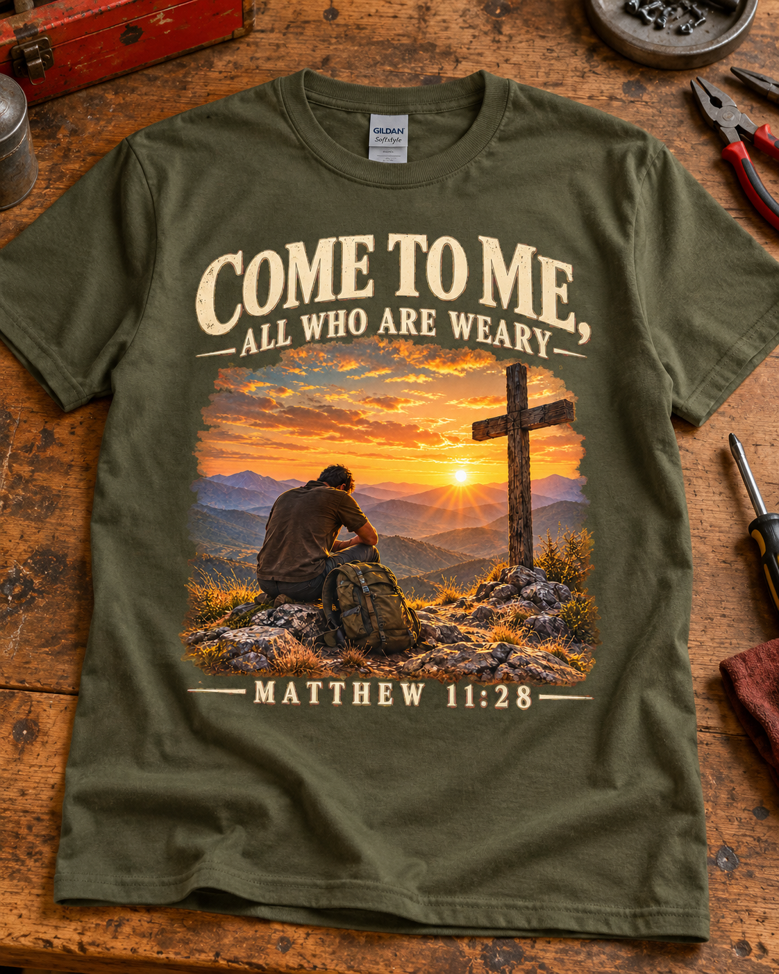 Come to Me Christian T-Shirt | Matthew 11:28 Mountain Cross and Hiker Graphic