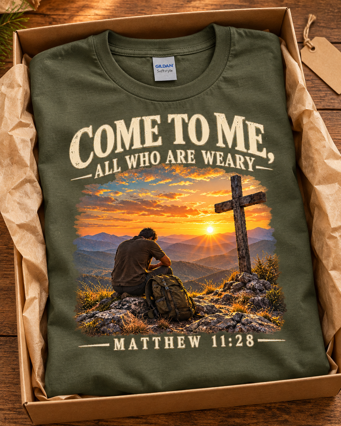 Come to Me Christian T-Shirt | Matthew 11:28 Mountain Cross and Hiker Graphic