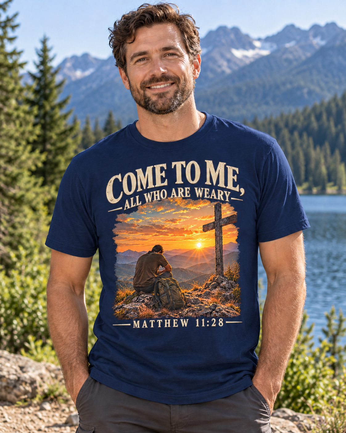 Come to Me Christian T-Shirt | Matthew 11:28 Mountain Cross and Hiker Graphic