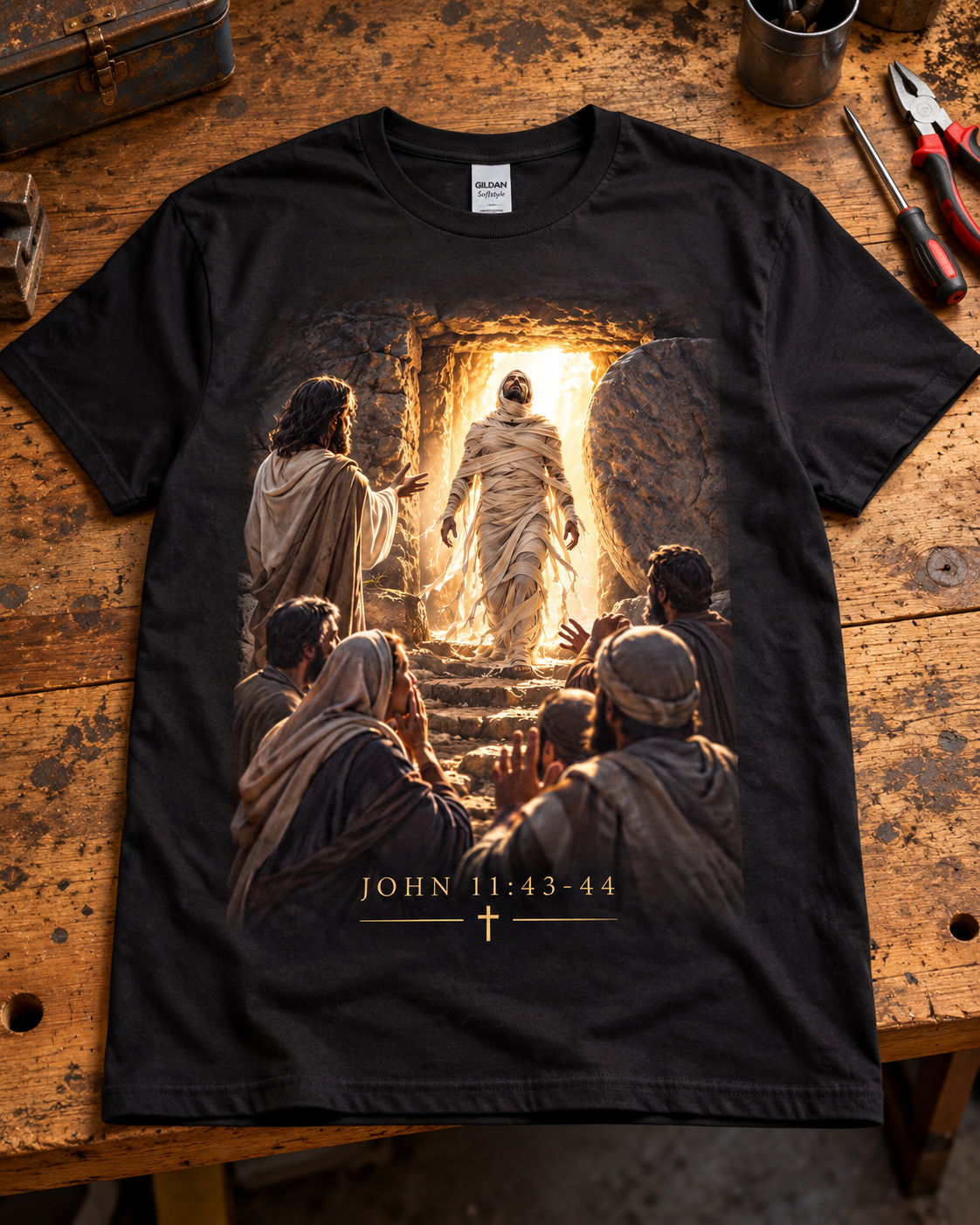 Lazarus Christian T-Shirt | John 11:43-44 Come Forth Biblical Scene
