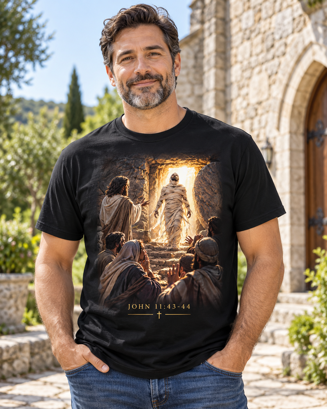 Lazarus Christian T-Shirt | John 11:43-44 Come Forth Biblical Scene