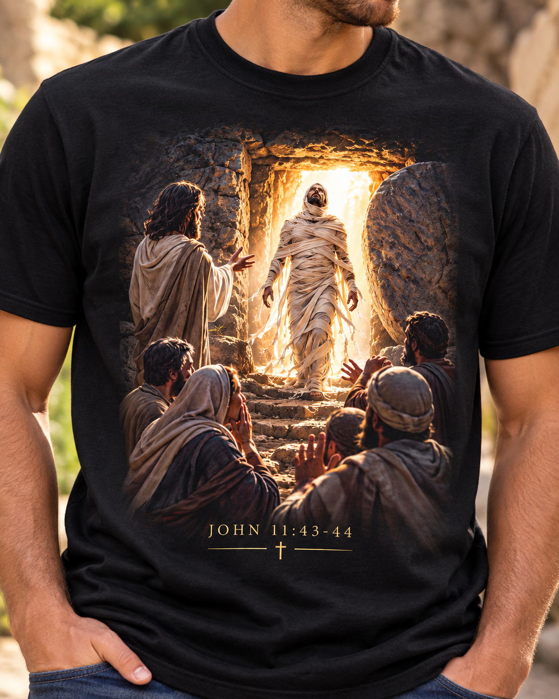 Lazarus Christian T-Shirt | John 11:43-44 Come Forth Biblical Scene