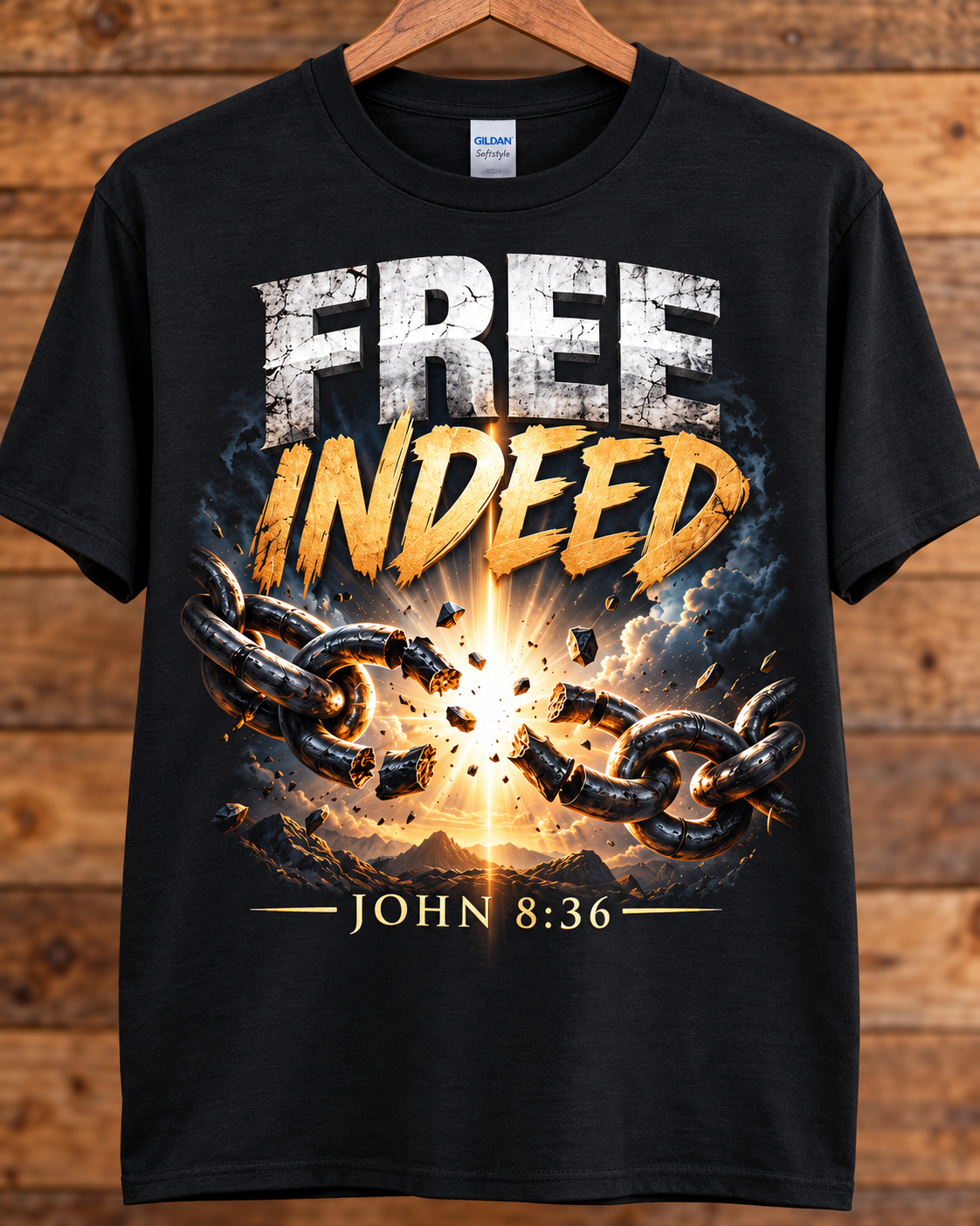 Free Indeed Christian T-Shirt | John 8:36 Broken Chains Graphic