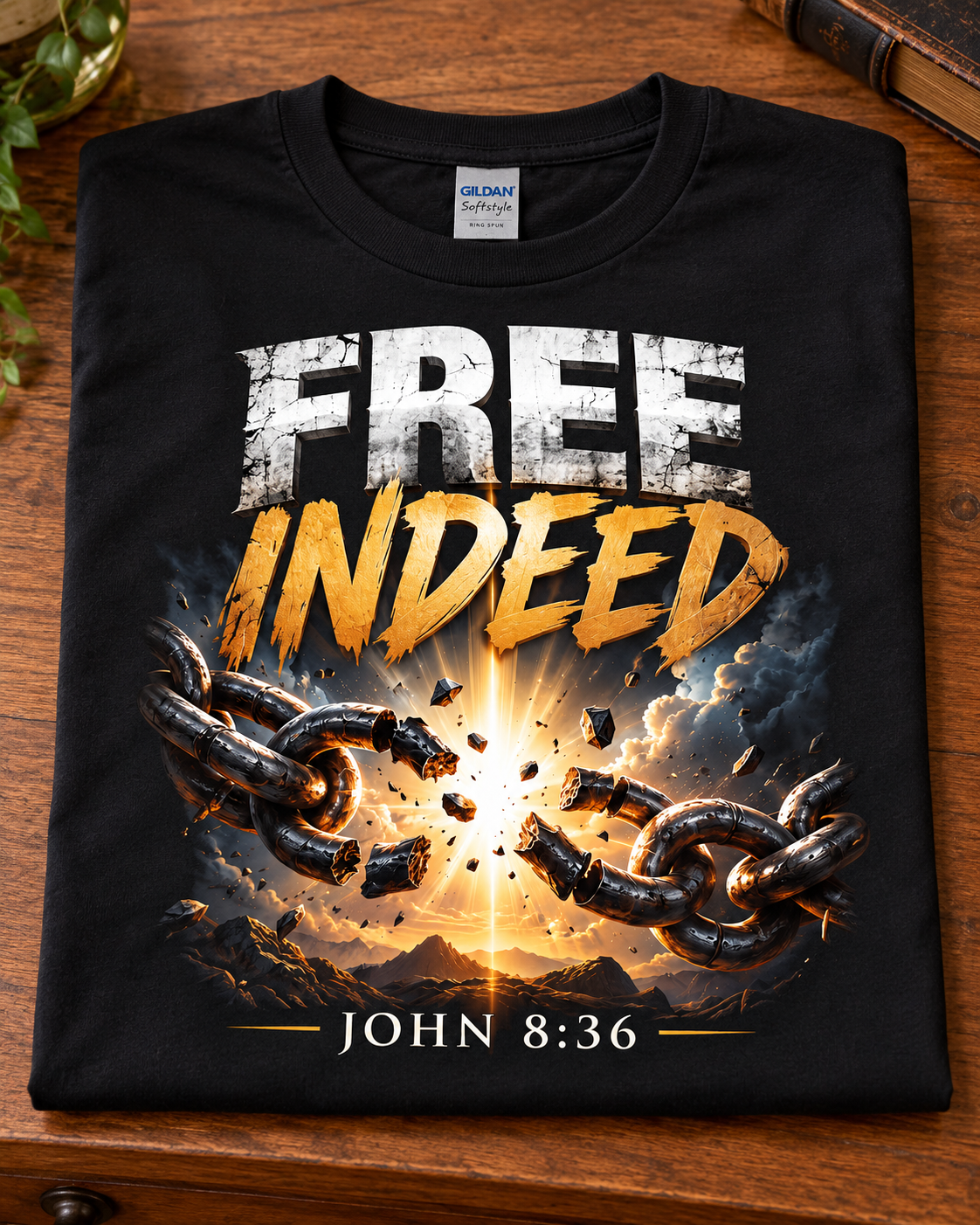 Free Indeed Christian T-Shirt | John 8:36 Broken Chains Graphic