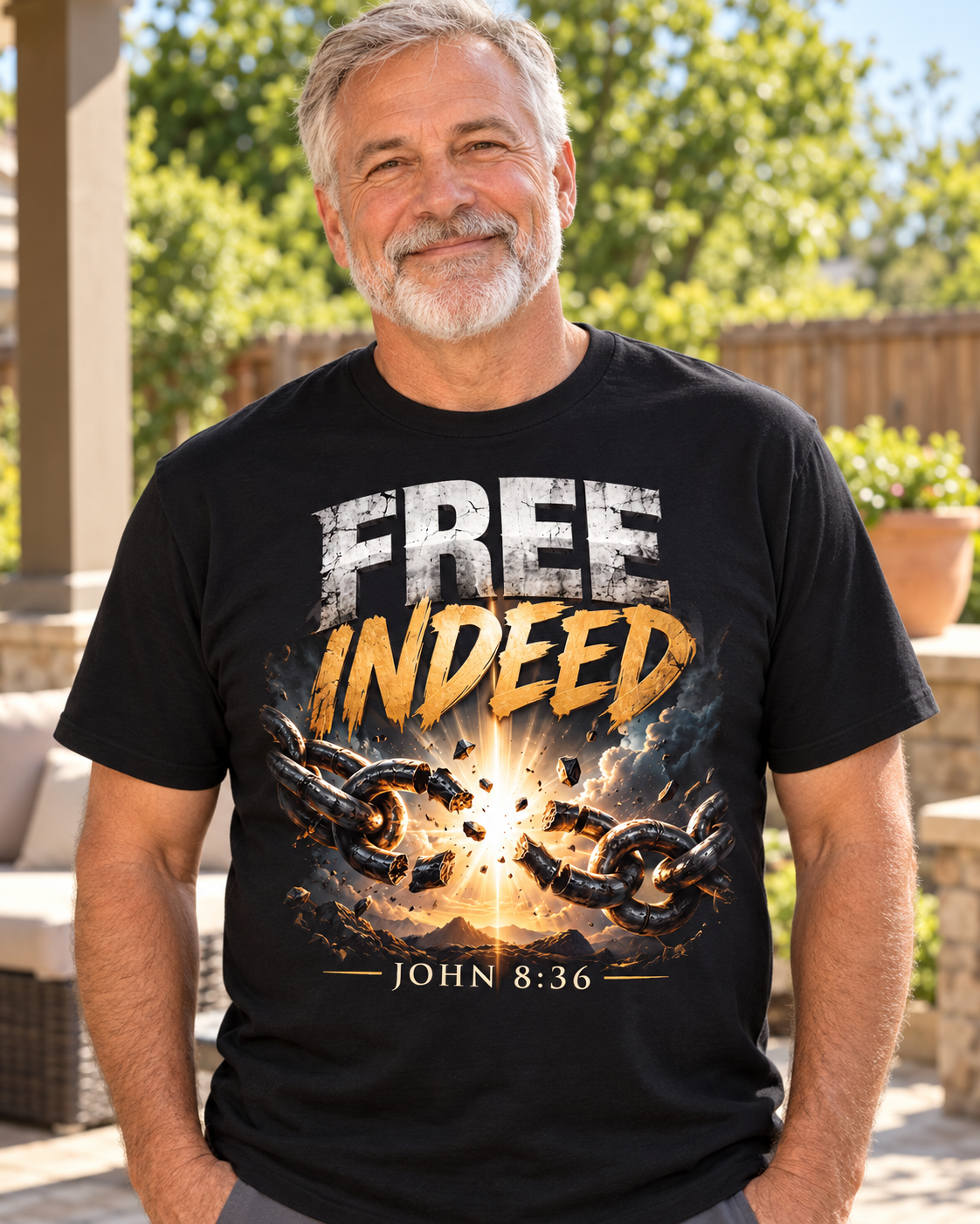 Free Indeed Christian T-Shirt | John 8:36 Broken Chains Graphic