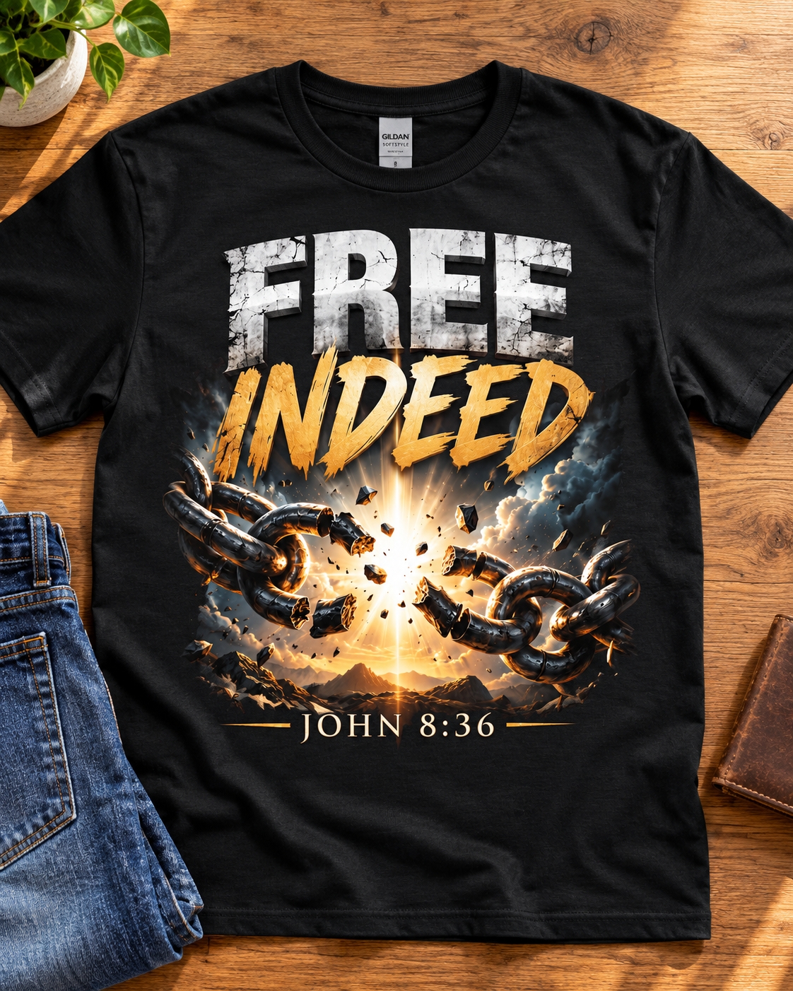 Free Indeed Christian T-Shirt | John 8:36 Broken Chains Graphic