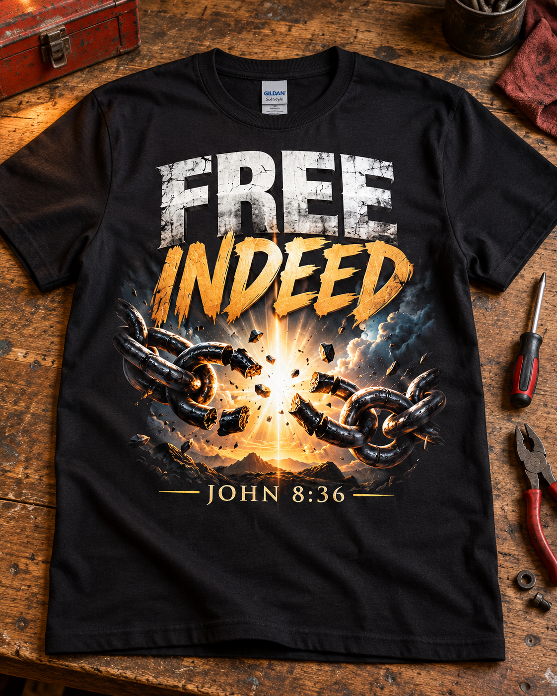 Free Indeed Christian T-Shirt | John 8:36 Broken Chains Graphic