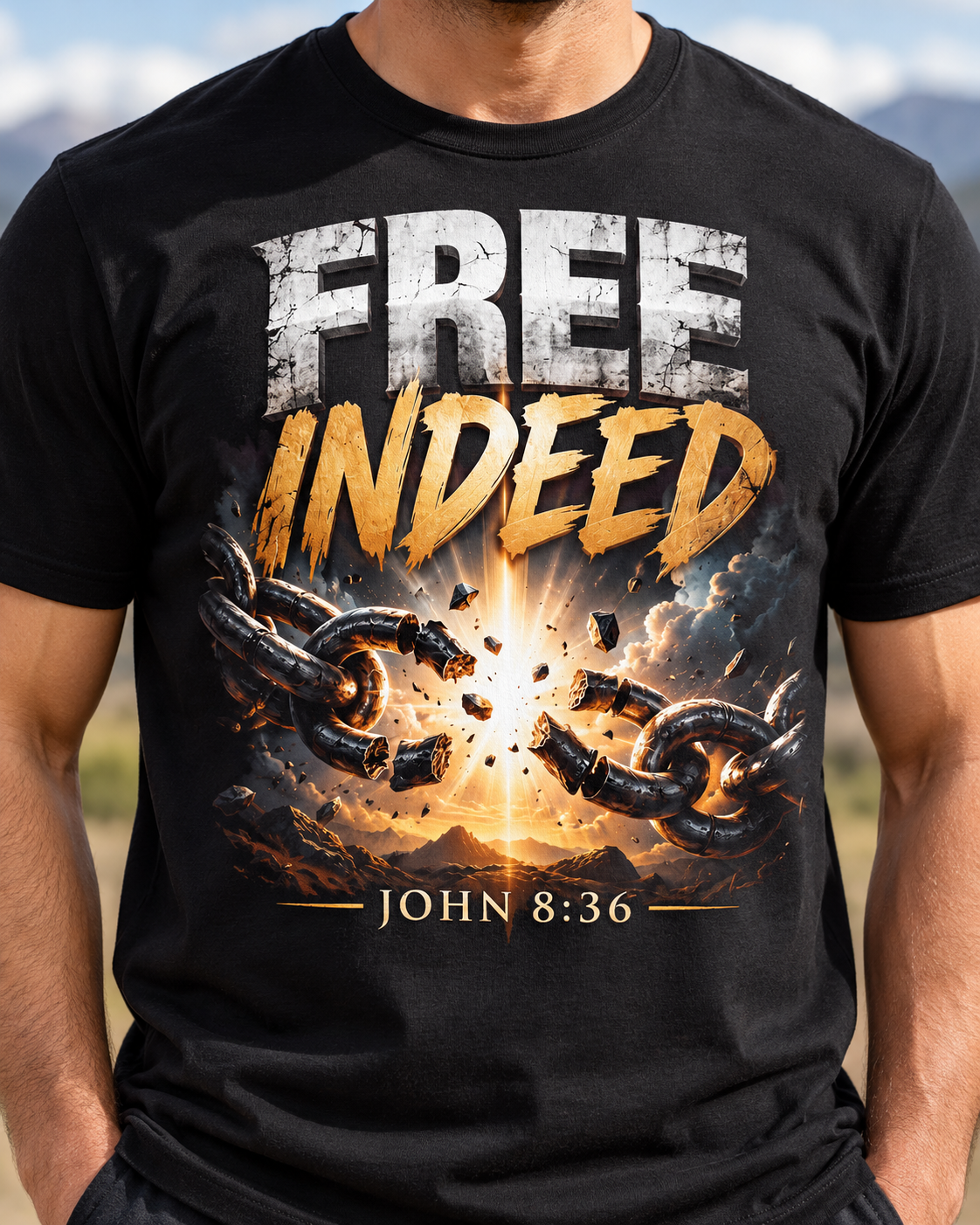 Free Indeed Christian T-Shirt | John 8:36 Broken Chains Graphic