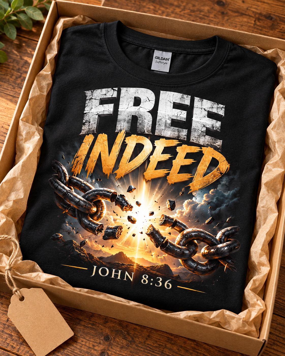 Free Indeed Christian T-Shirt | John 8:36 Broken Chains Graphic
