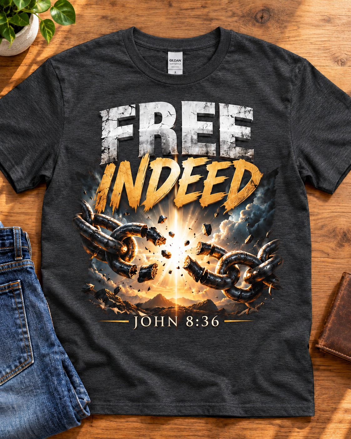 Free Indeed Christian T-Shirt | John 8:36 Broken Chains Graphic