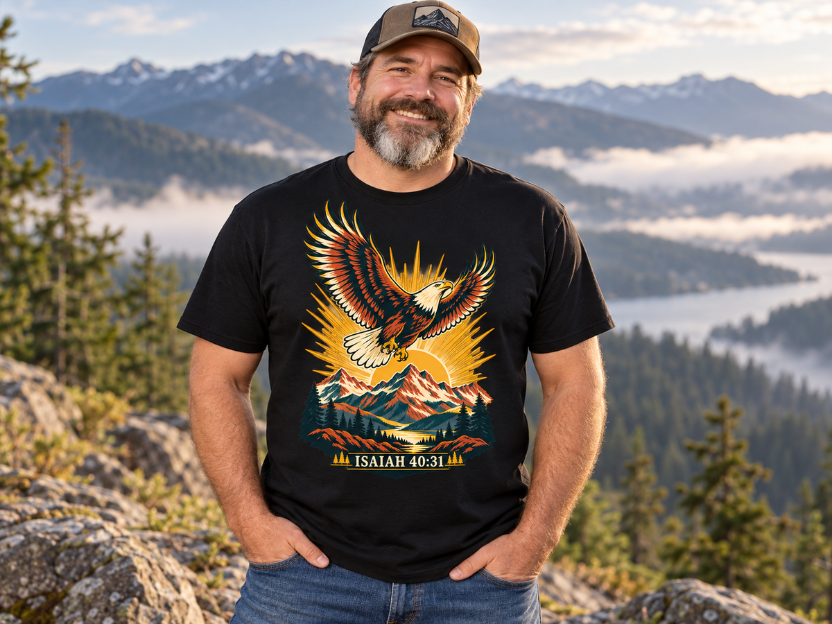 Isaiah 40:31 Eagle Shirt | Christian Mountain Graphic Tee | Renewed Strength Scripture T Shirt | Inspirational Faith Gift for Men and Women