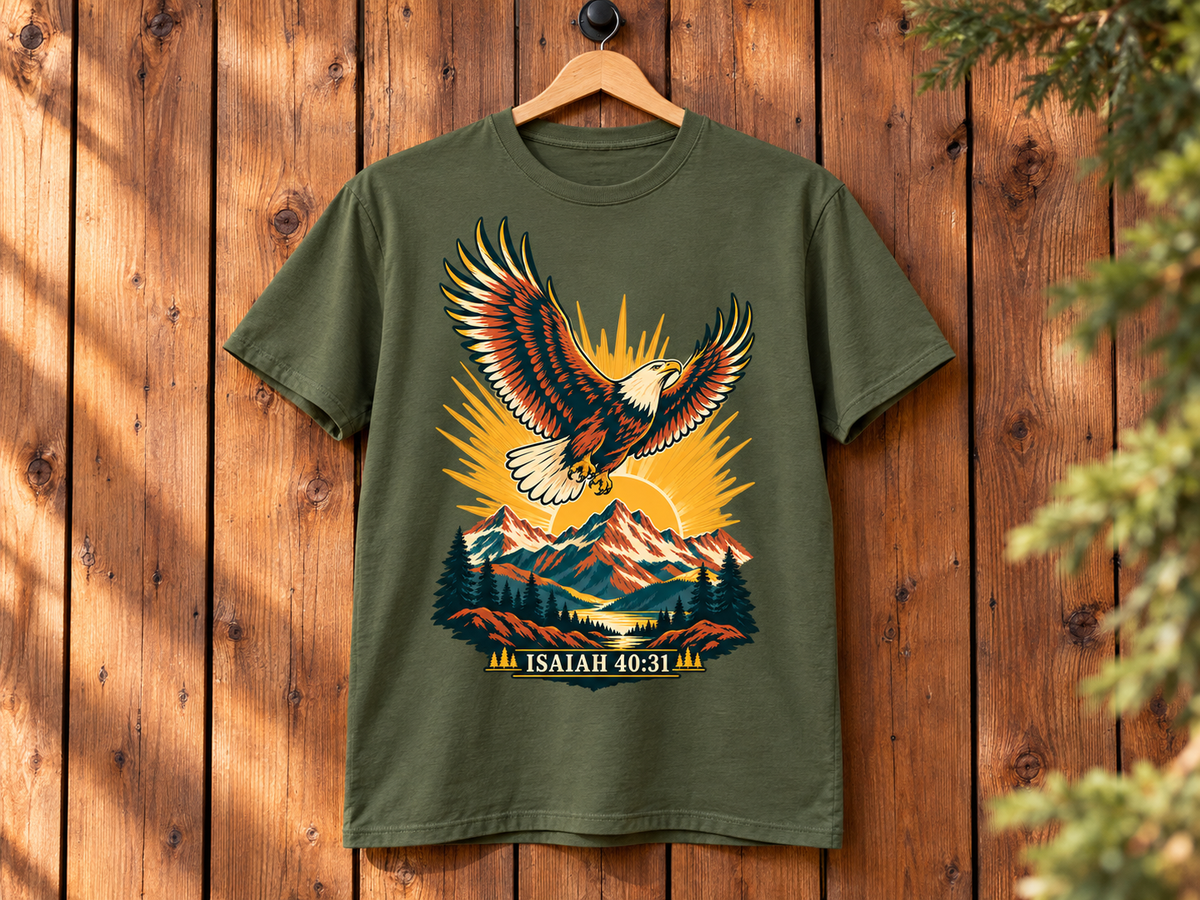 Isaiah 40:31 Eagle Shirt | Christian Mountain Graphic Tee | Renewed Strength Scripture T Shirt | Inspirational Faith Gift for Men and Women