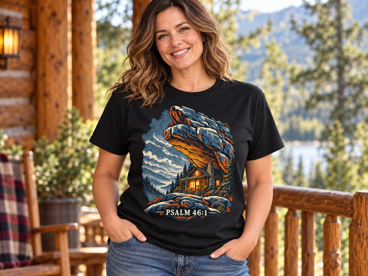 Psalm 46:1 Christian Shirt | Refuge in the Storm Cabin Graphic Tee | Inspirational Scripture T Shirt | Faith Gift for Men and Women