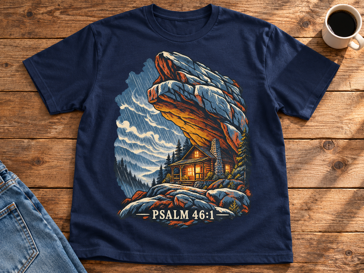 Psalm 46:1 Christian Shirt | Refuge in the Storm Cabin Graphic Tee | Inspirational Scripture T Shirt | Faith Gift for Men and Women