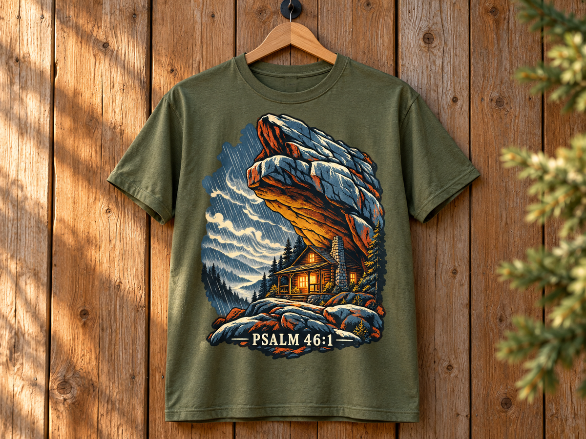 Psalm 46:1 Christian Shirt | Refuge in the Storm Cabin Graphic Tee | Inspirational Scripture T Shirt | Faith Gift for Men and Women