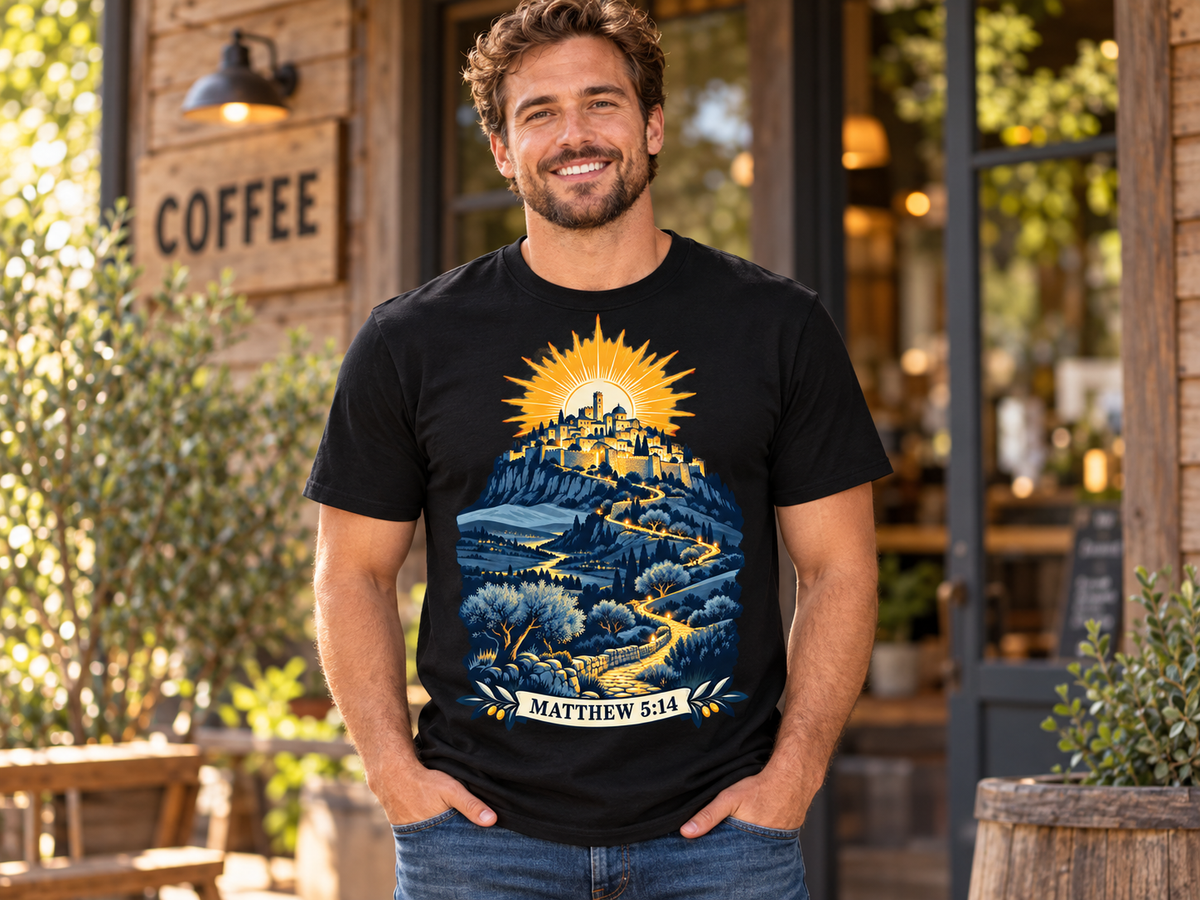 Matthew 5:14 Christian Shirt | City on a Hill Graphic Tee | Light of the World Scripture T Shirt | Inspirational Faith Gift for Adults