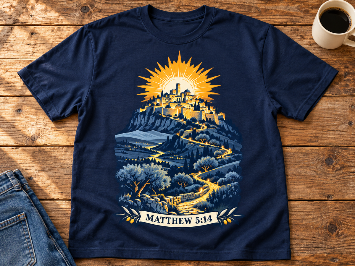 Matthew 5:14 Christian Shirt | City on a Hill Graphic Tee | Light of the World Scripture T Shirt | Inspirational Faith Gift for Adults
