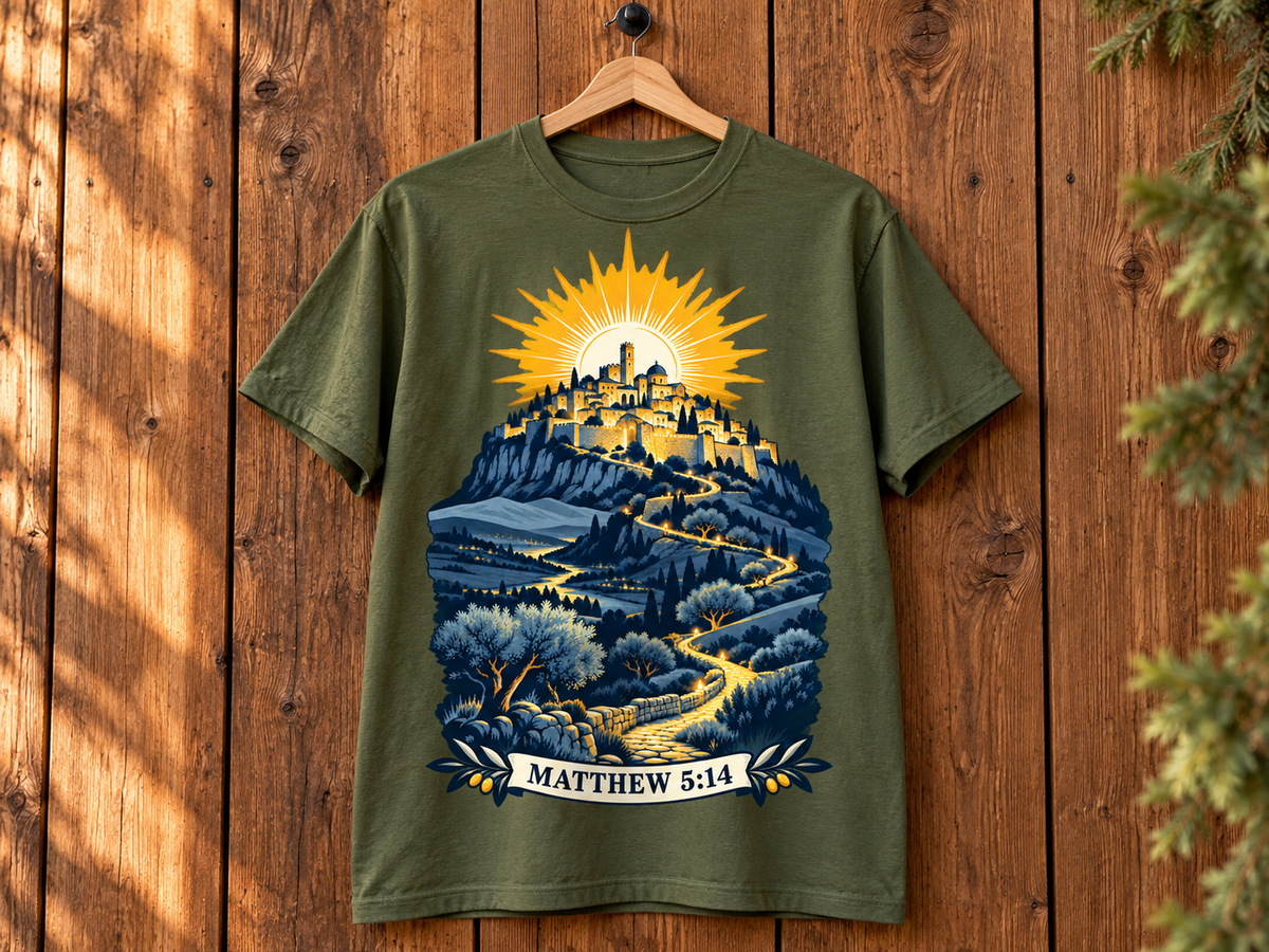 Matthew 5:14 Christian Shirt | City on a Hill Graphic Tee | Light of the World Scripture T Shirt | Inspirational Faith Gift for Adults