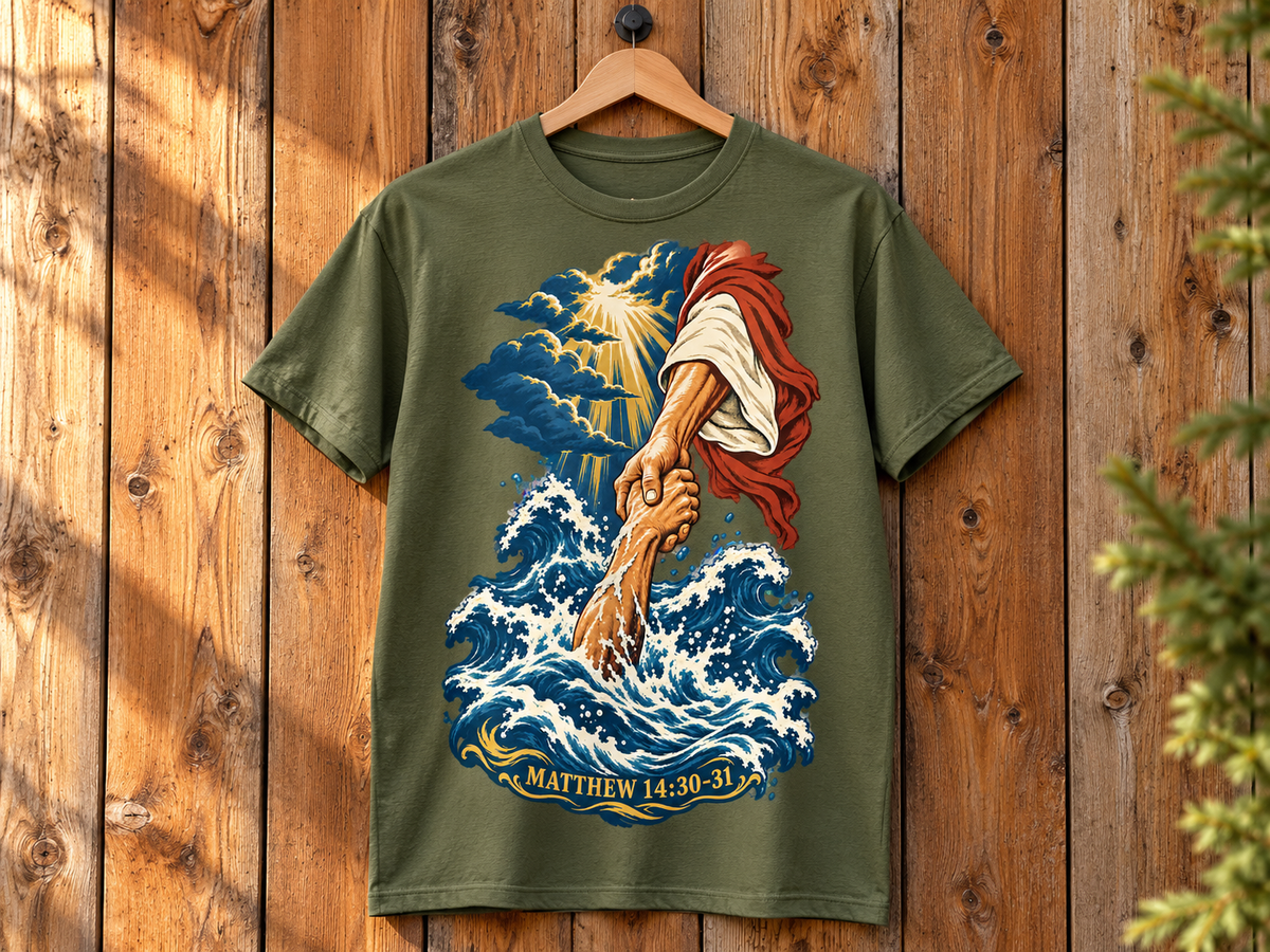 Matthew 14:30-31 Christian Shirt | Jesus Rescues Peter Wave Graphic Tee | Inspirational Scripture T Shirt | Faith Gift for Men and Women