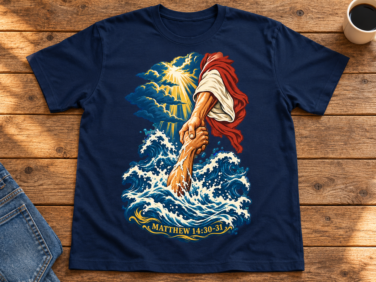 Matthew 14:30-31 Christian Shirt | Jesus Rescues Peter Wave Graphic Tee | Inspirational Scripture T Shirt | Faith Gift for Men and Women