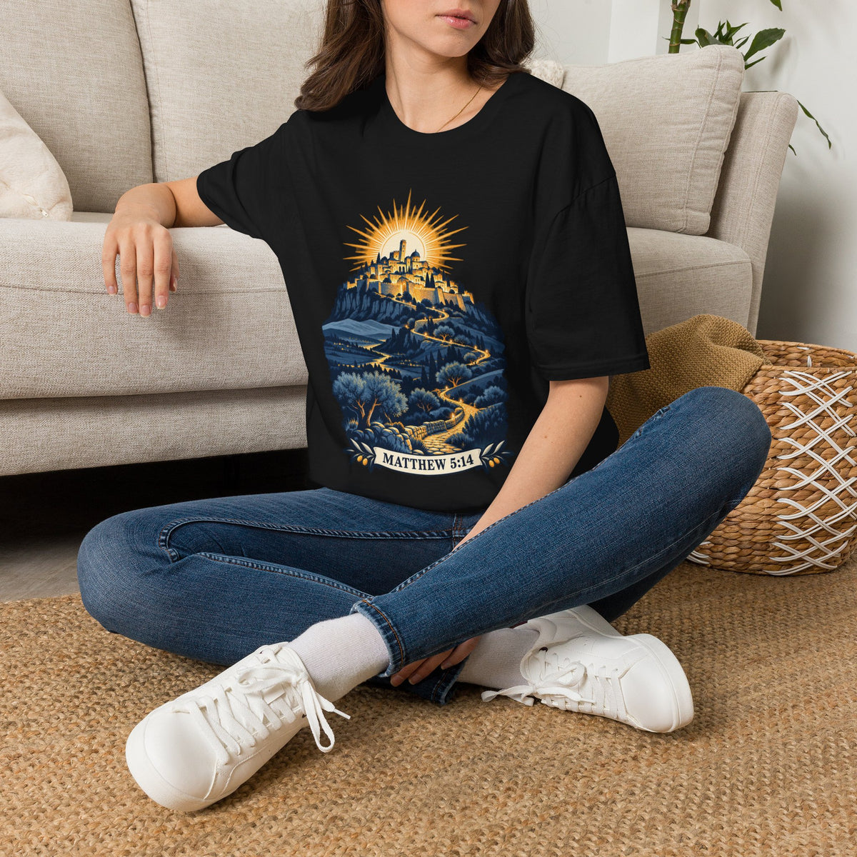 Matthew 5:14 Christian Shirt | City on a Hill Graphic Tee | Light of the World Scripture T Shirt | Inspirational Faith Gift for Adults