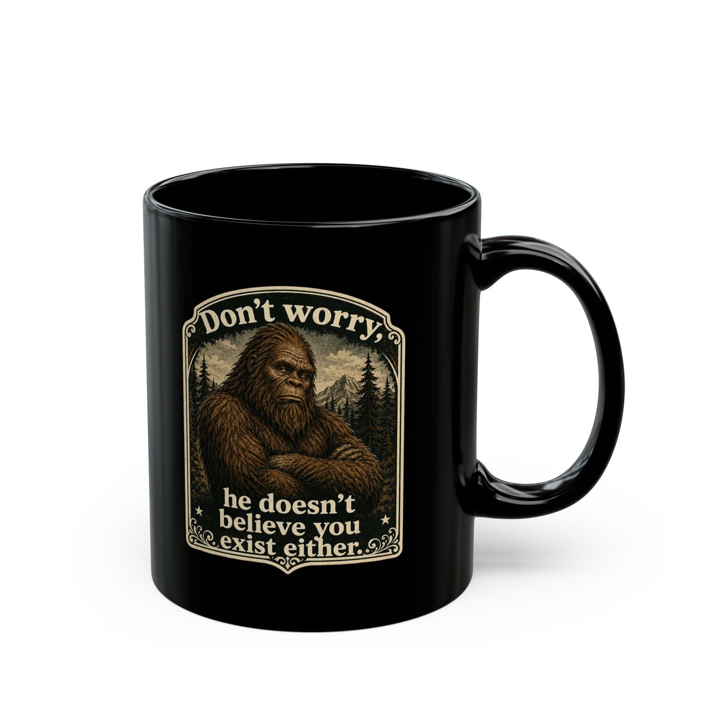 Bigfoot Black Coffee Mug, Funny Sasquatch Cryptid Gift