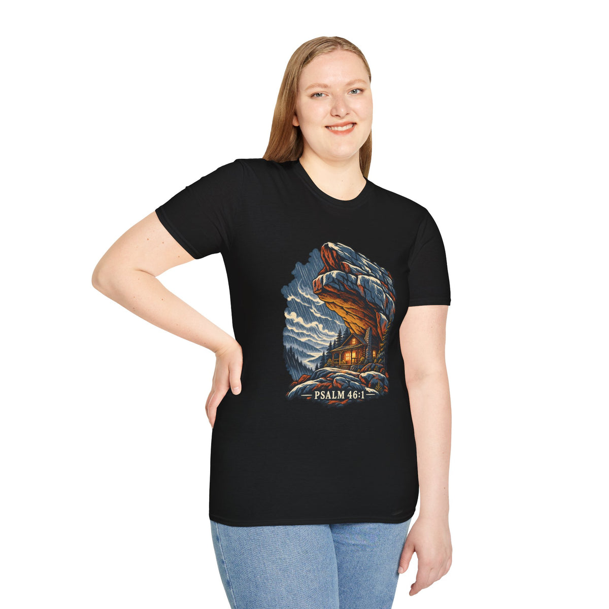 Psalm 46:1 Christian Shirt | Refuge in the Storm Cabin Graphic Tee | Inspirational Scripture T Shirt | Faith Gift for Men and Women