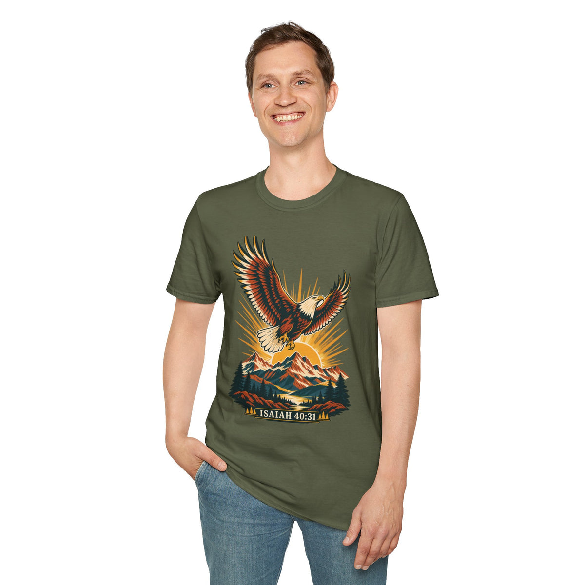 Isaiah 40:31 Eagle Shirt | Christian Mountain Graphic Tee | Renewed Strength Scripture T Shirt | Inspirational Faith Gift for Men and Women