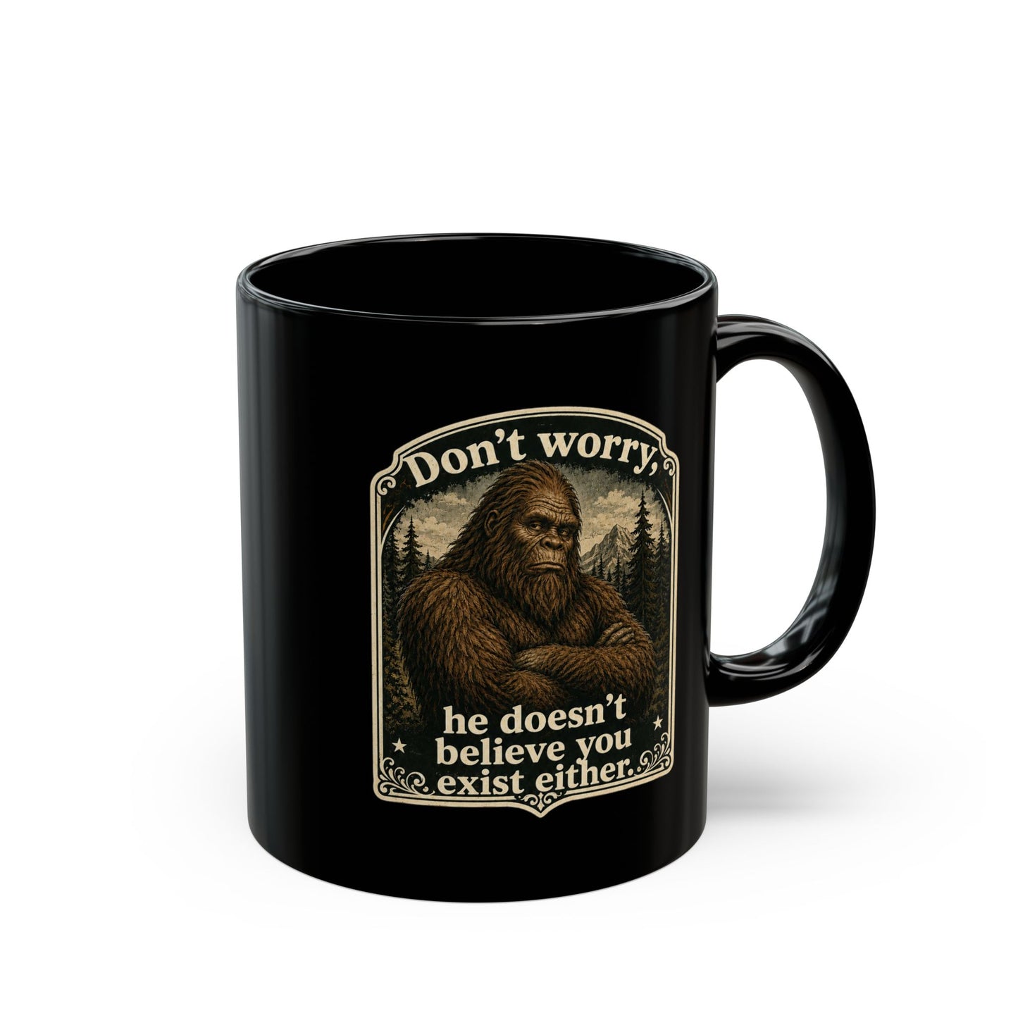 Bigfoot Black Coffee Mug, Funny Sasquatch Cryptid Gift