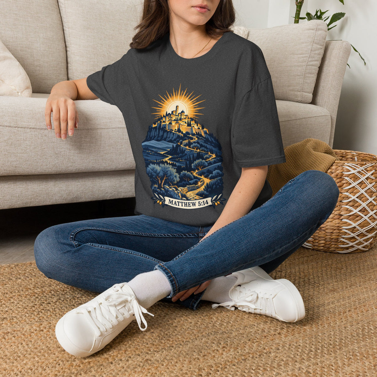 Matthew 5:14 Christian Shirt | City on a Hill Graphic Tee | Light of the World Scripture T Shirt | Inspirational Faith Gift for Adults