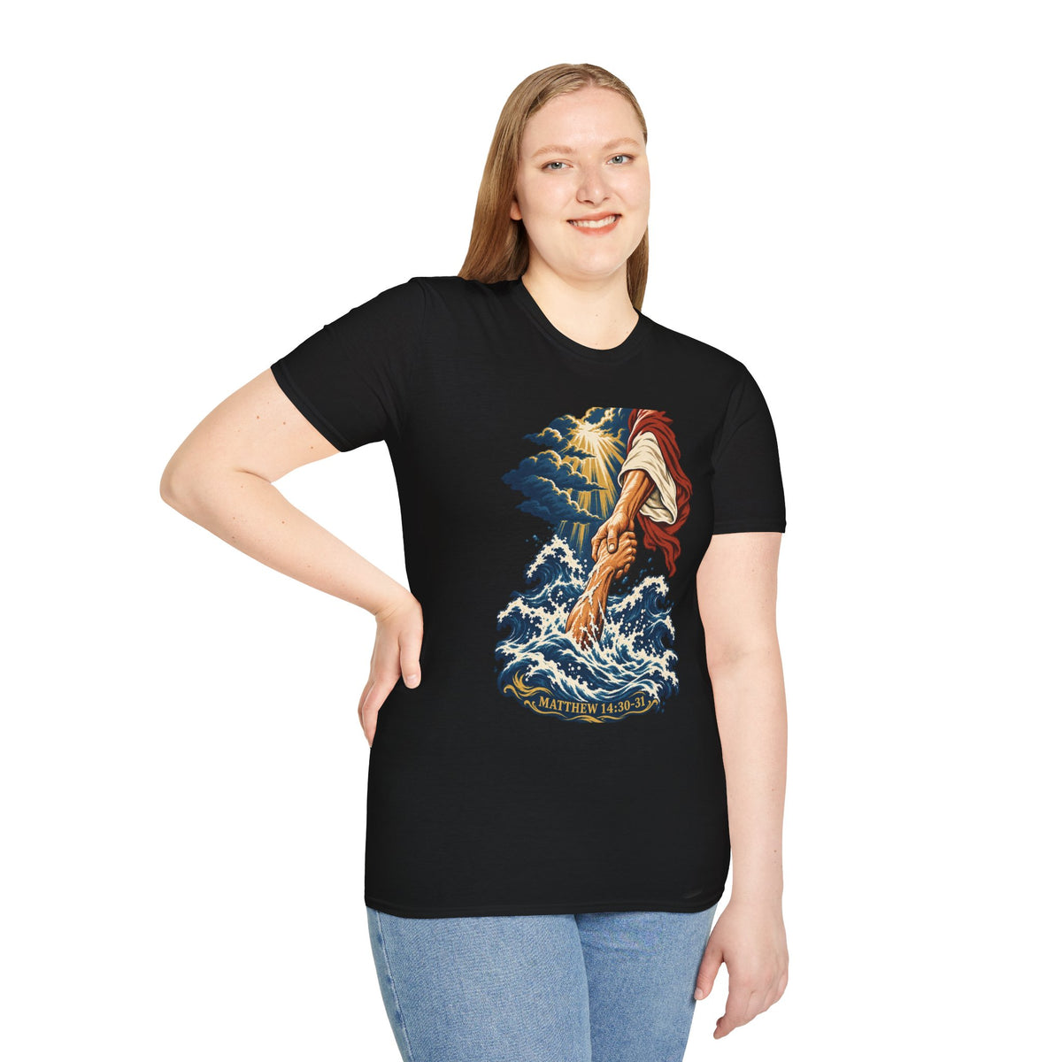 Matthew 14:30-31 Christian Shirt | Jesus Rescues Peter Wave Graphic Tee | Inspirational Scripture T Shirt | Faith Gift for Men and Women