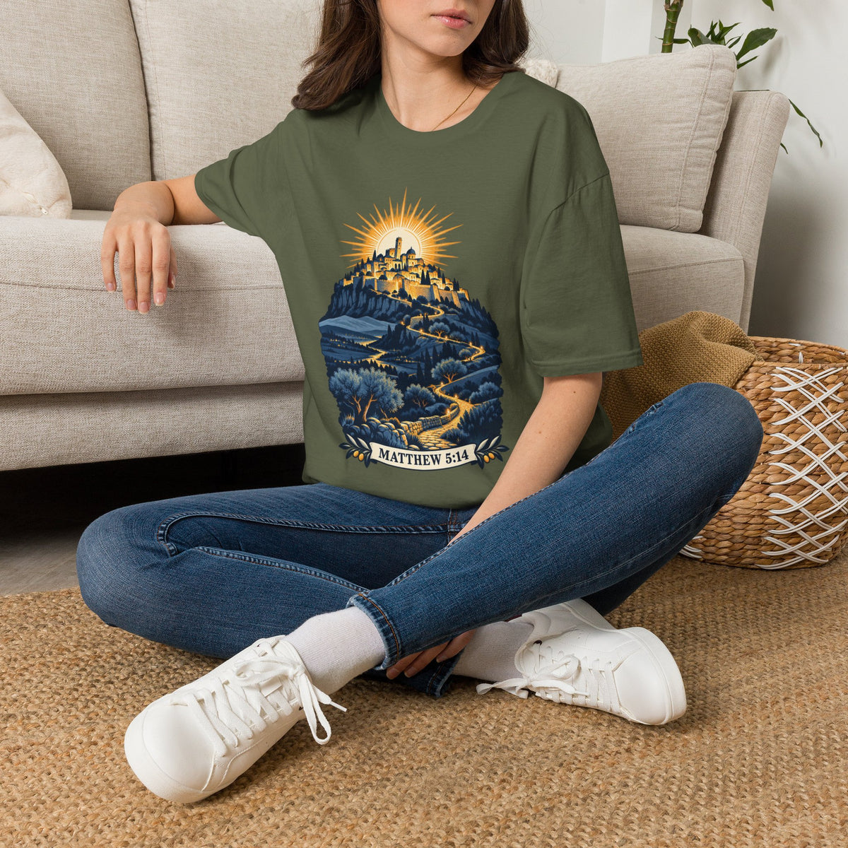 Matthew 5:14 Christian Shirt | City on a Hill Graphic Tee | Light of the World Scripture T Shirt | Inspirational Faith Gift for Adults