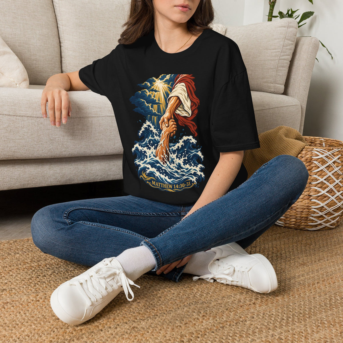 Matthew 14:30-31 Christian Shirt | Jesus Rescues Peter Wave Graphic Tee | Inspirational Scripture T Shirt | Faith Gift for Men and Women
