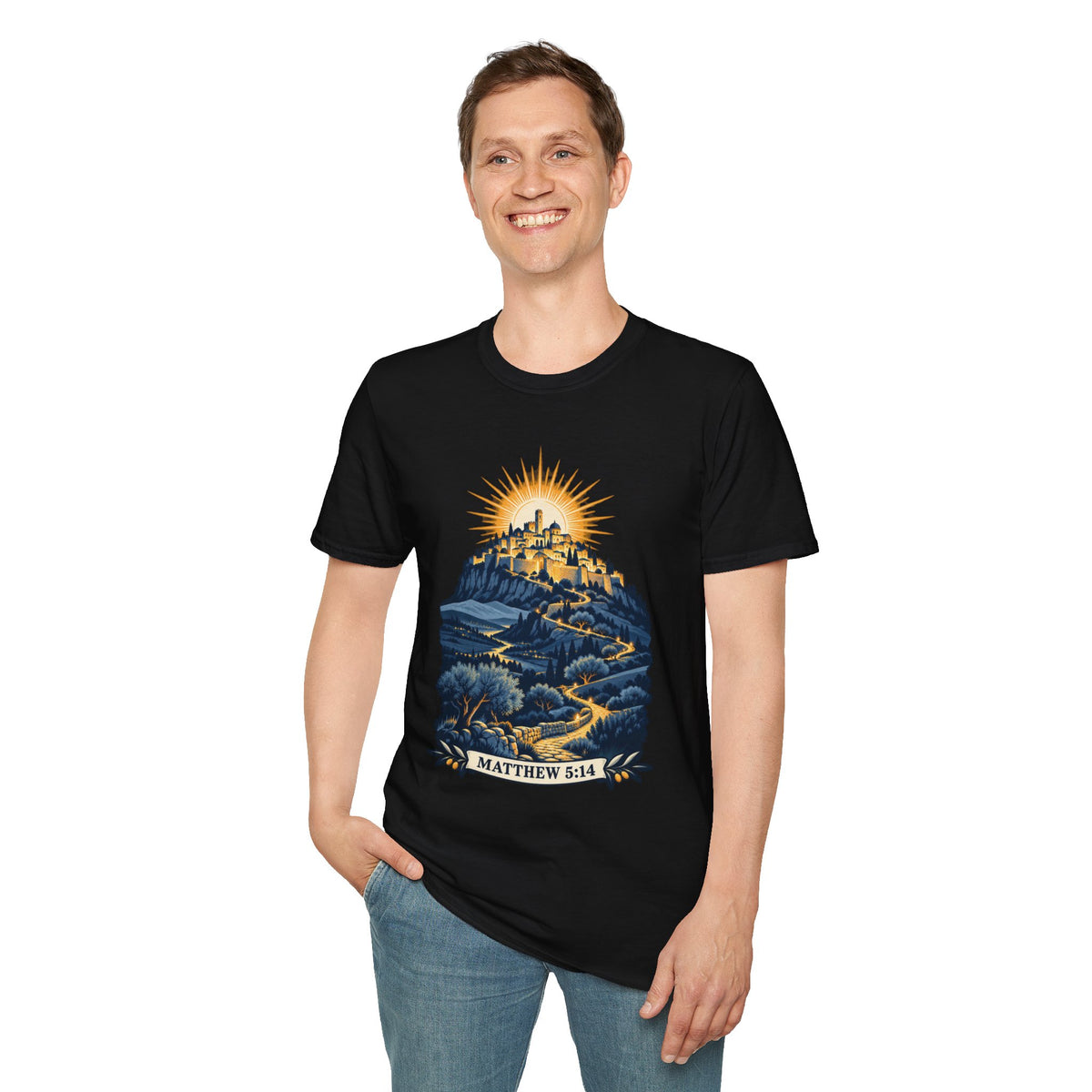 Matthew 5:14 Christian Shirt | City on a Hill Graphic Tee | Light of the World Scripture T Shirt | Inspirational Faith Gift for Adults