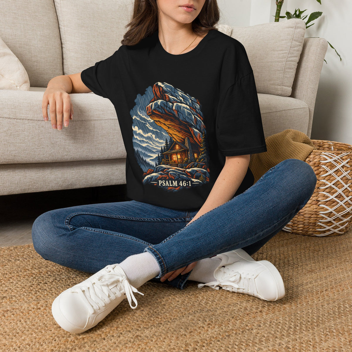 Psalm 46:1 Christian Shirt | Refuge in the Storm Cabin Graphic Tee | Inspirational Scripture T Shirt | Faith Gift for Men and Women