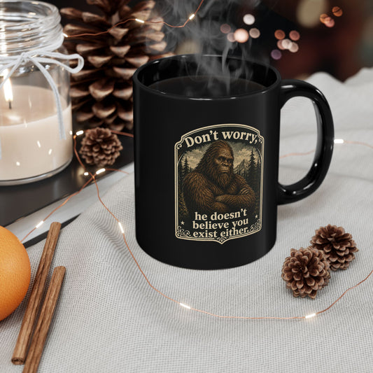 Bigfoot Black Coffee Mug, Funny Sasquatch Cryptid Gift