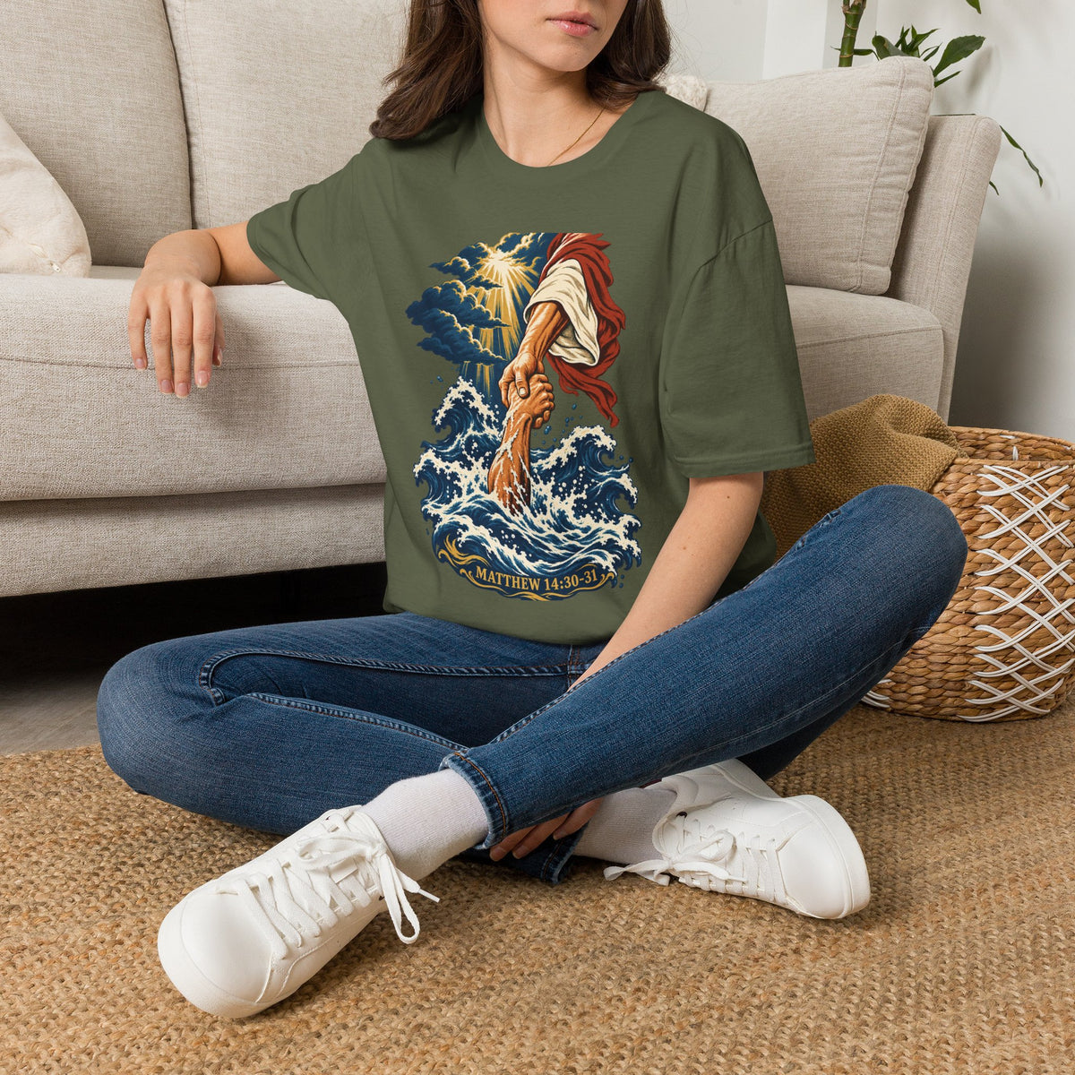 Matthew 14:30-31 Christian Shirt | Jesus Rescues Peter Wave Graphic Tee | Inspirational Scripture T Shirt | Faith Gift for Men and Women